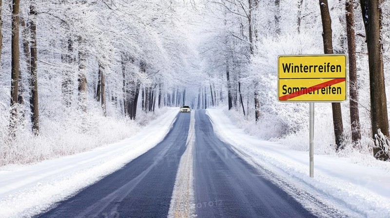Winter road, compulsory winter tyres, Alpine sign, snow, snowfall, slippery road, road safety, risk of skidding, snow-covered road, adapted speed, Germany, Europe