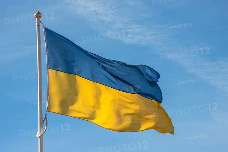 Ukrainian flag blowin in the wind at the harbor of Ystad, Scania, Sweden, Scandinavia, Europe
