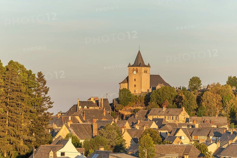 Small Saint-Matthieu church on hill of village of Laguiole. Aubrac, France, Europe