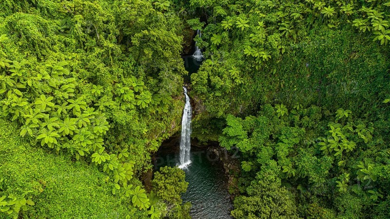 Aerial of the Tavoro Falls, Bouma National Park, Taveuni, Fiji, South Pacific, Oceania