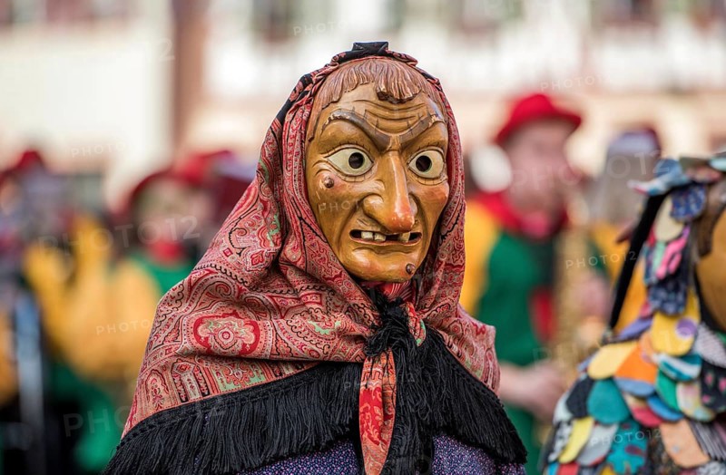 Witch on carnival procession, Big Fasendumzug, Gengenbach, Ortenaukreis, Alemannic Fasnacht, Baden-Württemberg, Germany, Europe