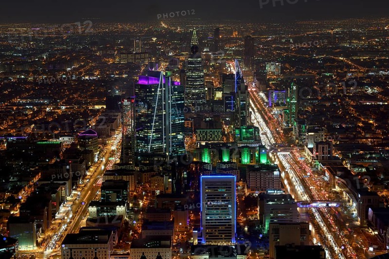 Panoramic view from the Sky Bridge at night, Kingdom Center, Riyadh, Saudi Arabia, Asia