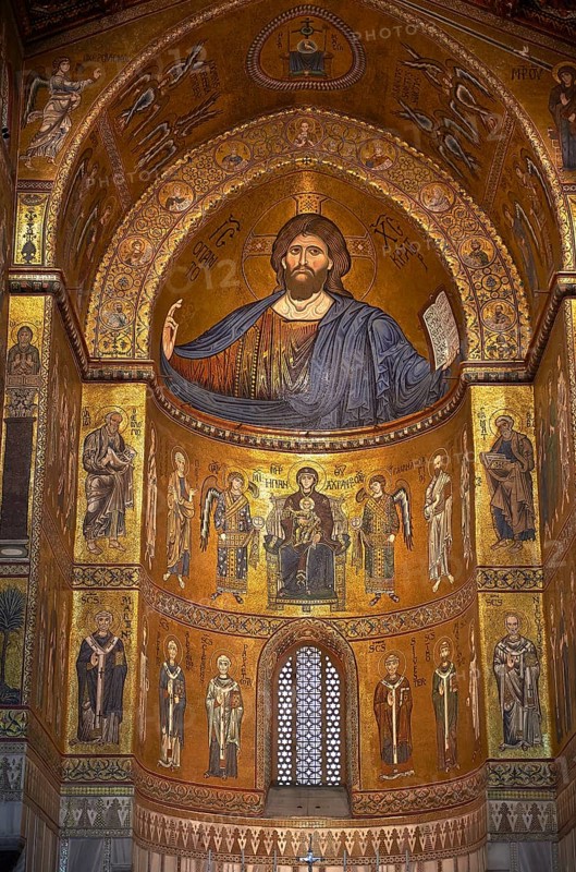 Christ Pantocrator mosaics of the Norman-Byzantine medieval cathedral of Monreale, province of Palermo, Sicily, Italy, Europe