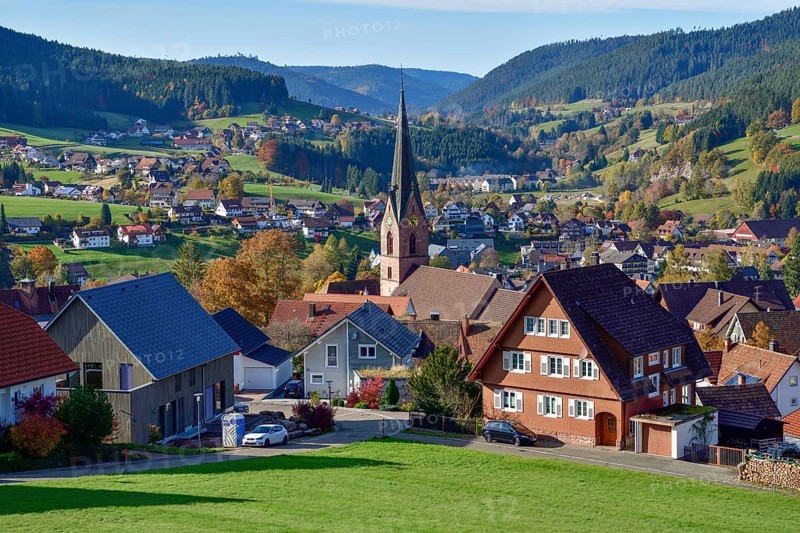 View of Baiersbronn with St. Mary's Church, Freudenstadt district, Black Forest, Baden-Württemberg, Germany, Europe