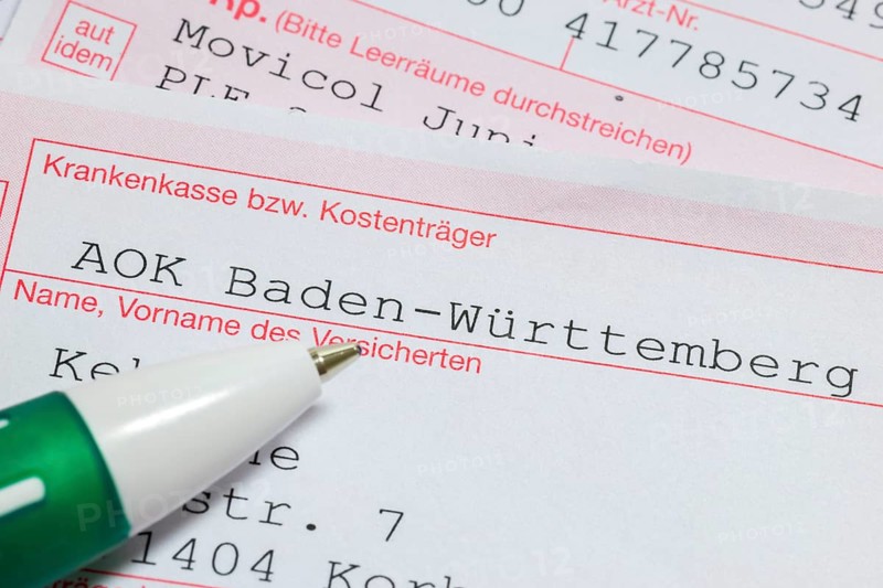 Prescriptions for medicines, AOK, health insurance, cost unit, pen, Baden-Württemberg, Germany, Europe