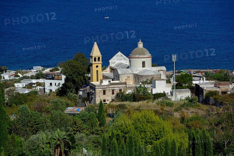 View to the village Stromboli with church San Vincenzo, island Stromboli, Liparic Islands, Italy, Europe