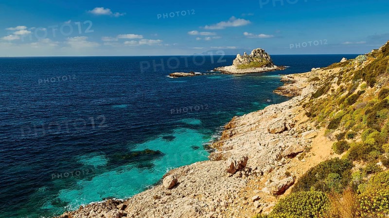 Cala Faraglione, Il Faraglione, islet, turquoise sea, Levanzo, Egadi Islands, Sicily, Italy, Europe