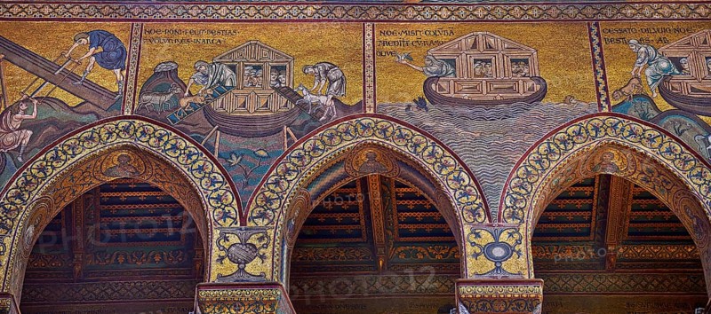 South wall mosaics depicting the bibliacl story of Noah in the Norman-Byzantine medieval cathedral of Monreale, province of Palermo, Sicily, Italy, Europe