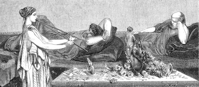 Siesta, sleeping men and a servant with a flute, 1869, Greece, Historic, digitally restored reproduction of an original 19th century painting, exact original date unknown, Europe