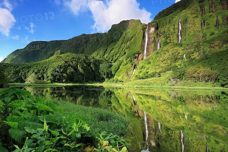 Waterfalls on the forested slope of a volcano reflected in a lake, Ilha das Flores, Azores, Portugal, Europe