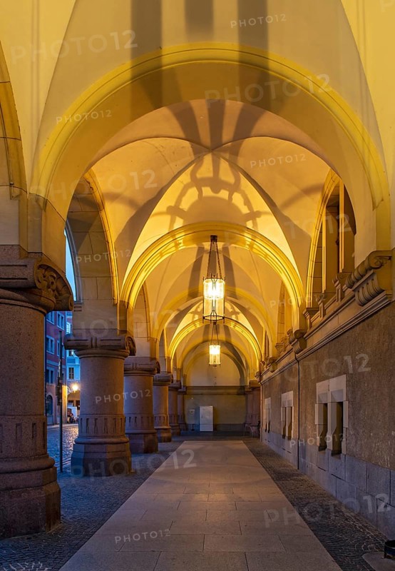 Arcades of New Town Hall building by night, Untermarkt, Görlitz, Goerlitz, Germany, Europe
