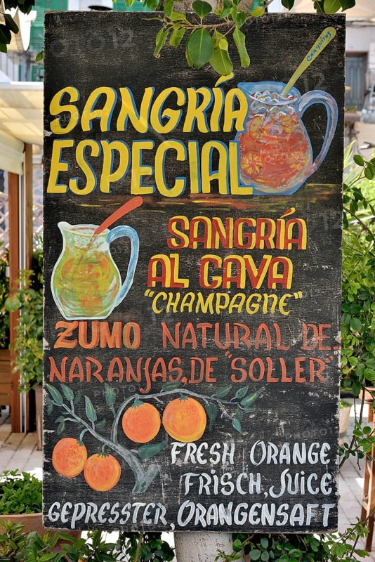Sign for sangria outside a restaurant, Puerto de Sóller, Majorca, Balearic Islands, Spain, Europe