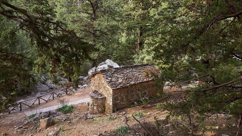 Rest area, Chapel Agios Nikolaos, Natural stone building, Trees, Samaria Gorge, Samaria, Gorge, National Park, Omalos, Lefka Ori, White Mountains, West Crete, Island of Crete, Greece, Europe
