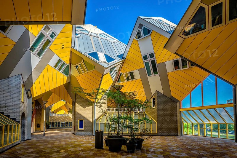 ROTTERDAM, NETHERLANDS, MAY 11, 2017: Cube houses innovative cube-shaped houses by architect Piet Blom with main idea to optimize space in Rotterdam, Netherlands, now became a tourist attraction