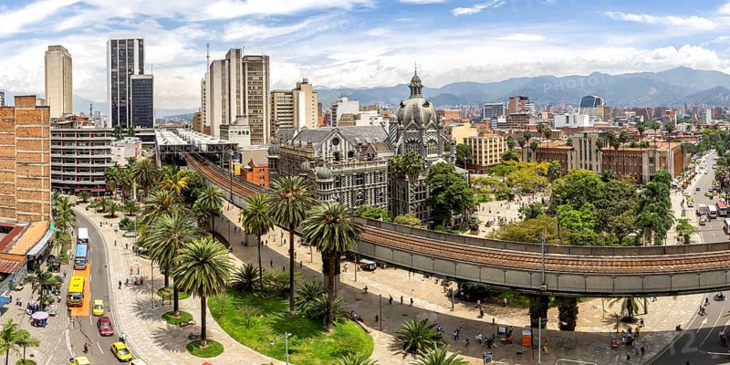 Medellin Skyline Panorama at the Plaza Botero in Medellin, Colombia, South America