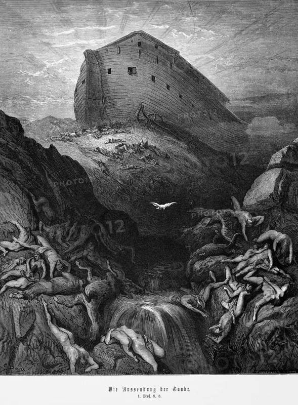 Bible, sending of the dove, Genesis 8, Moses, Old Testament, death, drowning, crowd, Noah's ark, rays of light, bright sky, rocks, sea, end of the Flood, historical illustration 1885