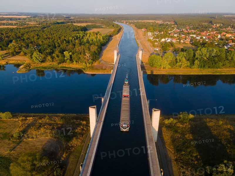 Drone shot, cargo ship on the Mittelland Canal, Magdeburg waterway junction, canal bridge, Mittelland Canal, Elbe, Magdeburg, Saxony-Anhalt, Germany, Europe