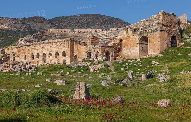 Ruins of the ancient theatre Hieropolis, near Pamukkale, Denizli, Western Turkey, Turkey, Asia