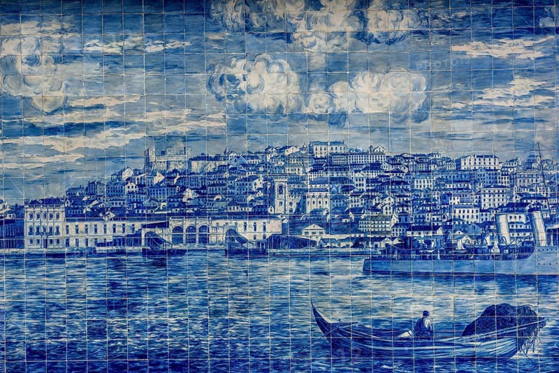 Azulejos or wall tiles with a city view, Lisbon, Portugal, Europe