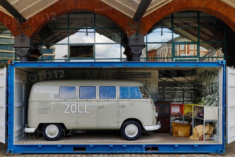 German Customs Museum with VW Bulli in a container in the historic Speicherstadt, Hamburg, Germany, Europe