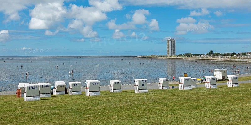 Beach chairs, green beach, high-rise building, Büsum, Schleswig-Holstein, Germany, Europe