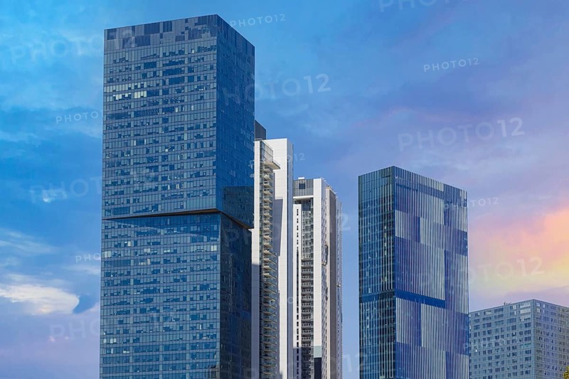 Israel, Tel Aviv financial business district skyline includes shopping malls and high tech offices, Asia
