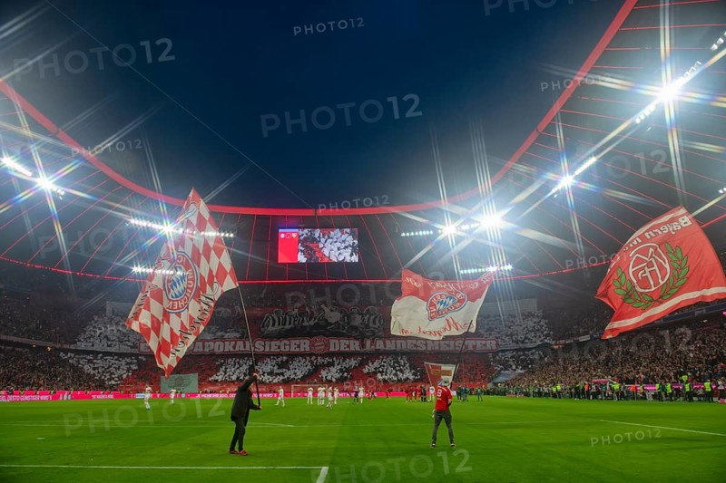 Scoreboard. choreography, chorea, 50th anniversary of the European Cup winners, flag waving, atmospheric, Allianz Arena, illuminated, Munich, Bavaria, Germany, Europe