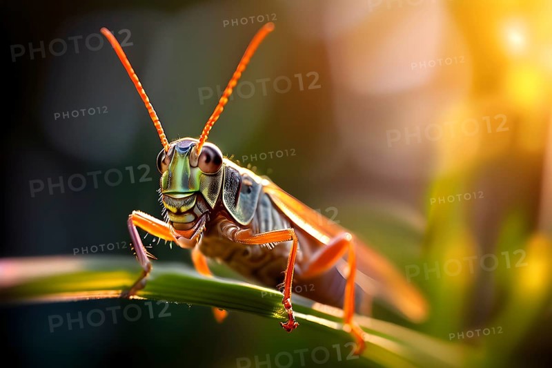 Close up of a grasshopper with blurred background in soft diffused light, AI generated
