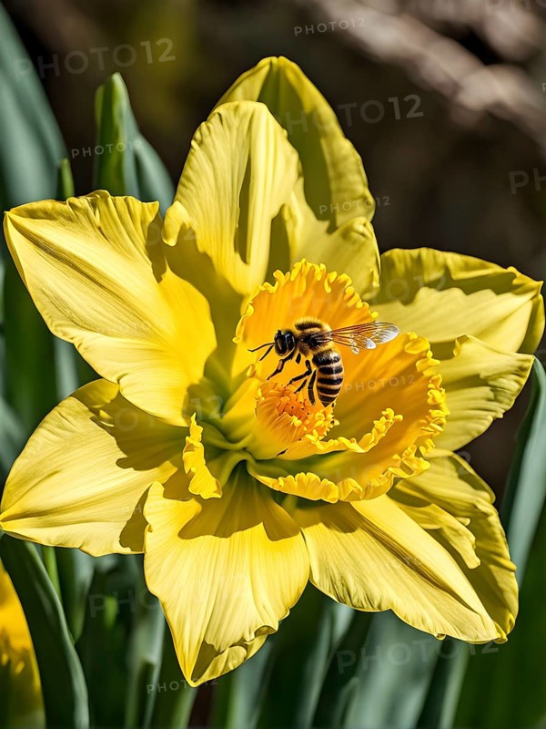 Honeybee collecting nectar from a vibrant yellow daffodil, showing intricate details of the flower and the bee, AI generated