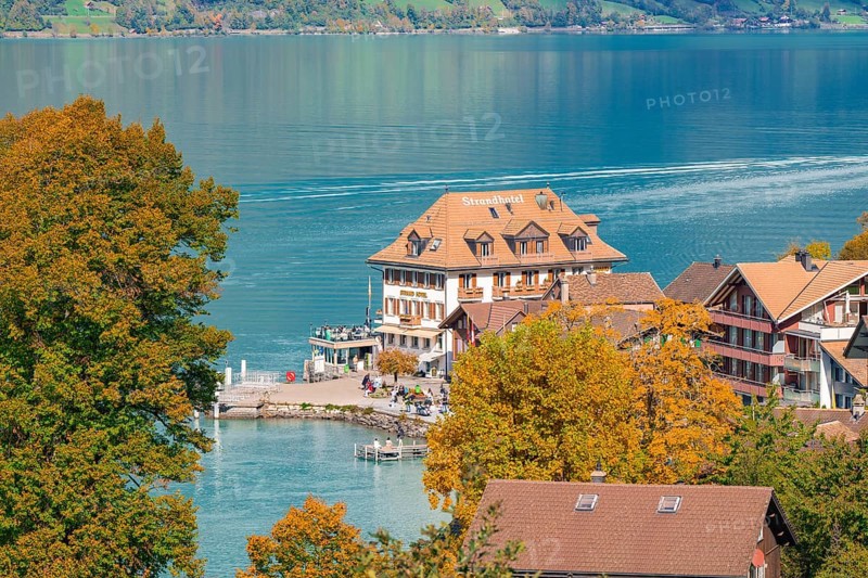 Lake hotel on the shores of a lake, surrounded by autumnal trees and a picturesque village, Lake Brienz, Switzerland, Europe