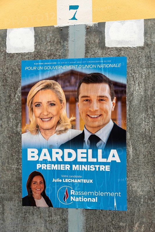 Election poster with the politicians Jordan Bardella and Marine Le Pen, Rassemblement Nationale, early elections in France 2024, Frejus, Côte d'azur, France, Europe