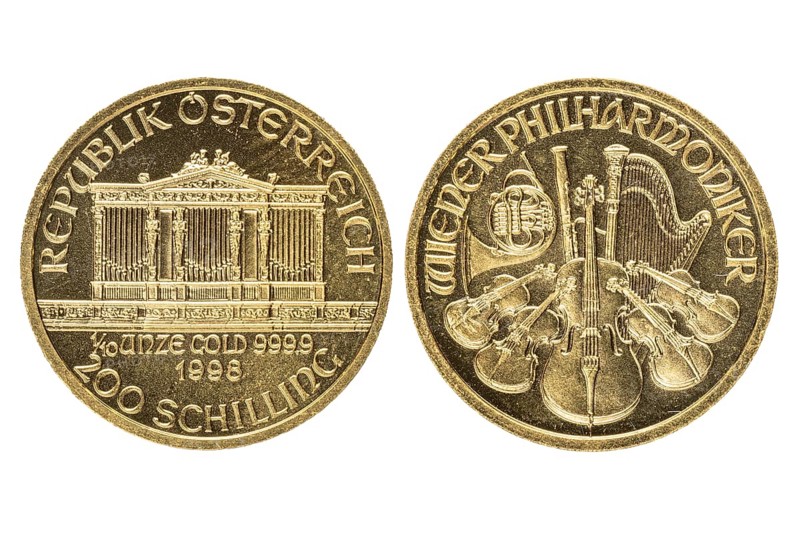 Austrian gold coin from 1998 worth 200 schillings, Vienna Philharmonic, obverse and reverse