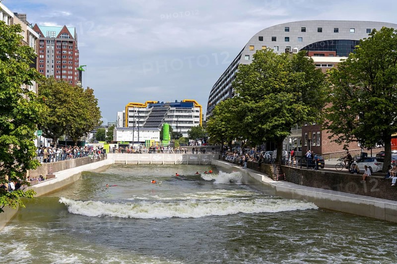 Surfing facility in the city centre of Rotterdam, Rif010, supposedly the world's first wave facility for surfers in a city, in the Steigersgracht, a 130 metre long and 21 metre wide wave pool was built in the existing canal, waves up to 1.5 metres high can be generated, every 7 seconds a wave breaks for the surfers, the 4.5 million litres in the pool, water is moved by 8 wave machines, Netherlands