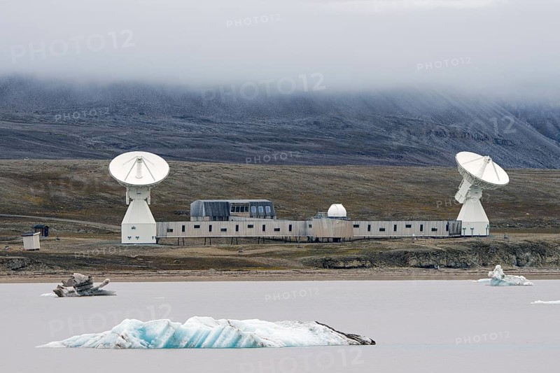 Earth Observatory station with two VLBI antennas and SRL building at research town Ny-Alesund, Oscar II Land, Kongsfjorden, Svalbard, Spitsbergen