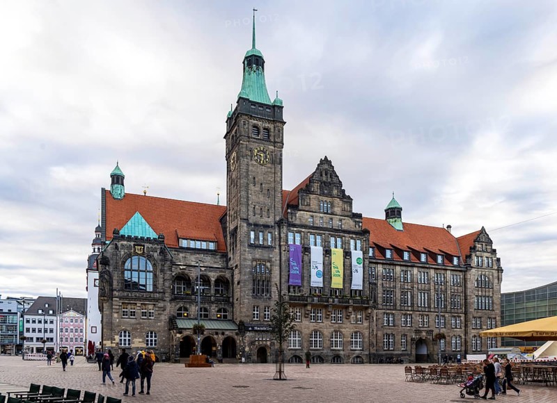 The New Chemnitz City Hall, city administration. Advertising banner for the European Capital of Culture 2025. City view of Chemnitz, Saxony, Germany, Europe