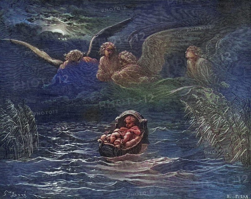 Copperplate engraving from the Dore Bible illustrating the Book of Exodus, The Child Moses on the Nile by Gustave Dore 1832-1883 French artist and illustrator, Historic, digitally restored reproduction from a 19th century original, Record date not stated