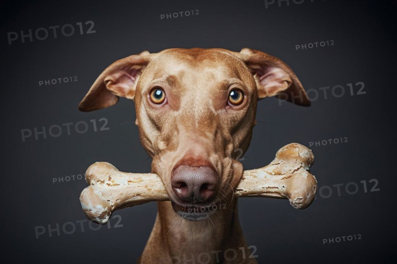 Portrait of cute dog holding large bone in mouth in front of dark background. KI generiert, generiert, AI generated