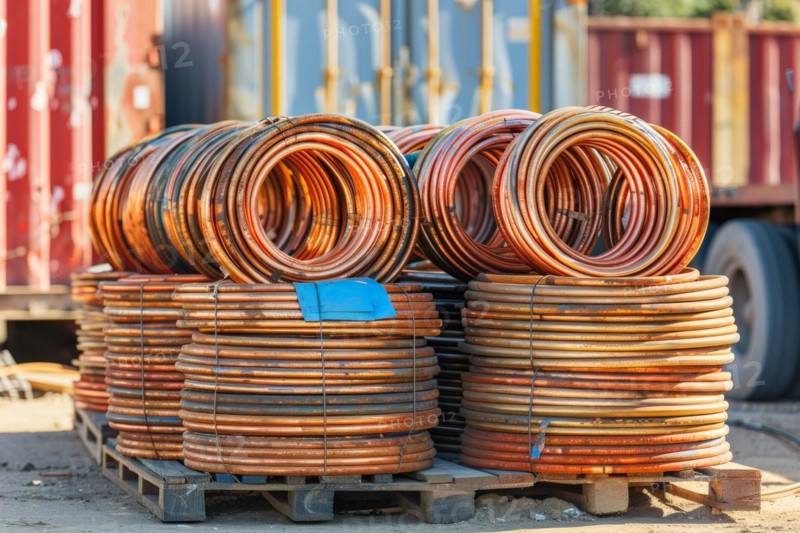 Copper strands, copper coils, copper, cable, wound for transport on pallets, at a scrap yard, recycling plant for metal utilisation, AI generated, AI generated, AI generated