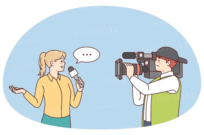 Cameraman shooting woman journalist doing reportage. Professional operator filming female reporter with microphone. Journalism concept. Vector illustration