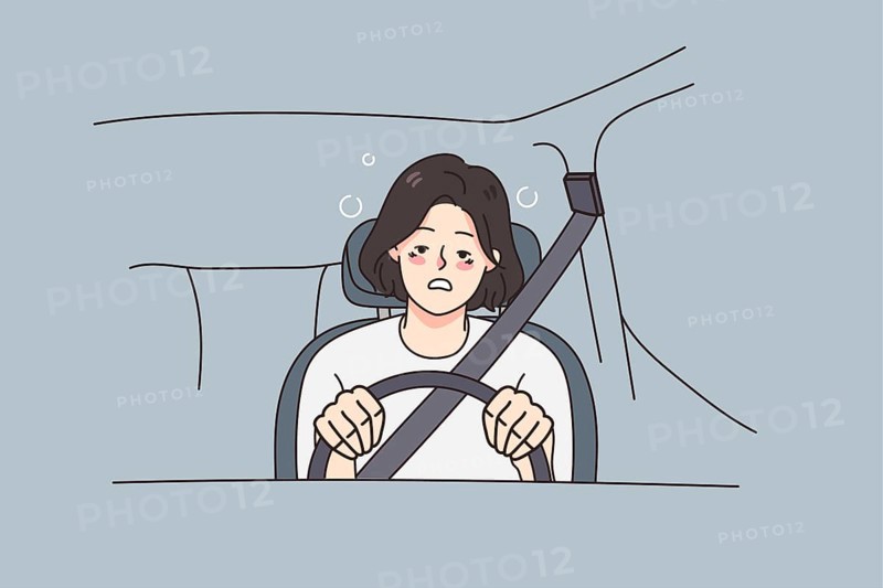 Tired young woman driving car feeling unwell suffer from health problems. Exhausted female driver struggle with depression or burnout, have physical or mental issues. illustration