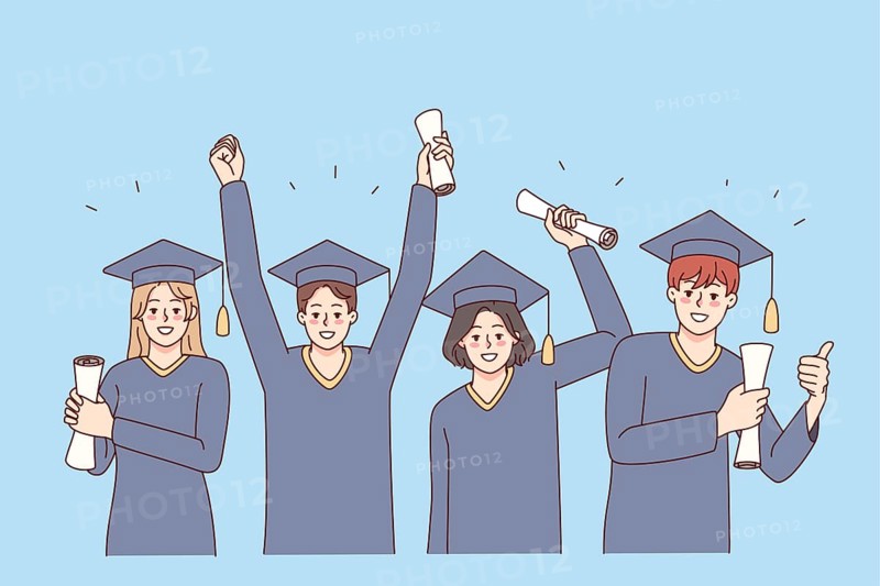 Excited people in mantles holding diplomas celebrate college graduation. Smiling students on university degree celebration. Education concept. illustration