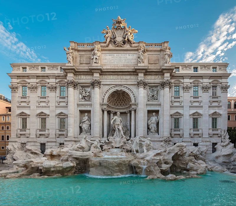 Trevi fountain at sunrise, Rome, Italy. Rome baroque architecture and landmark. Rome Trevi fountain is one of the main attractions of Rome and Italy