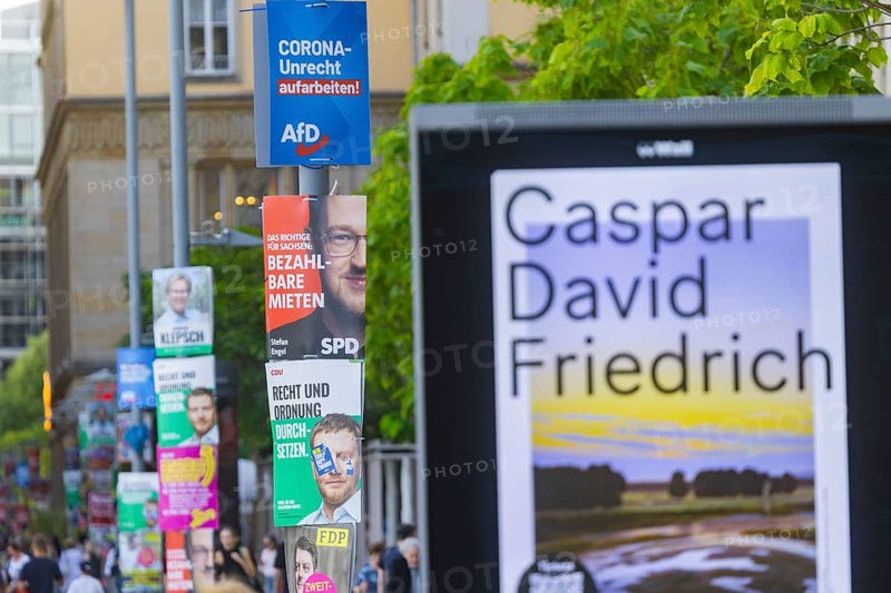 The hot phase of the state election campaign in Saxony can be seen in the amount of different messages on trees and lanterns, State election campaign in Saxony, Dresden, Saxony, Germany, Europe