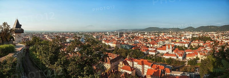Graz panorama, beautiful view from Schlossberg above the city center