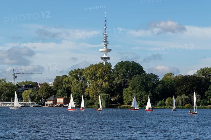 Leisure activities in summer, sailing boats against a blue sky on the Alster, TV tower Telemichel behind, Hamburg, Germany, Europe