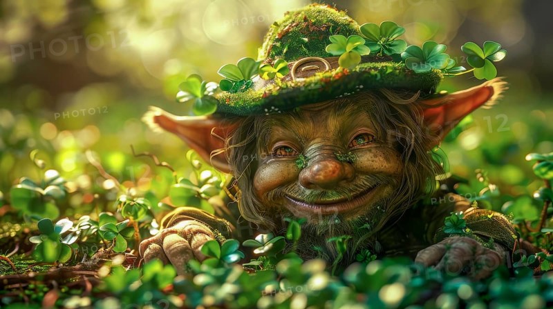 A mischievous-looking leprechaun peeks through clovers with sunlight filtering through the forest, AI generated
