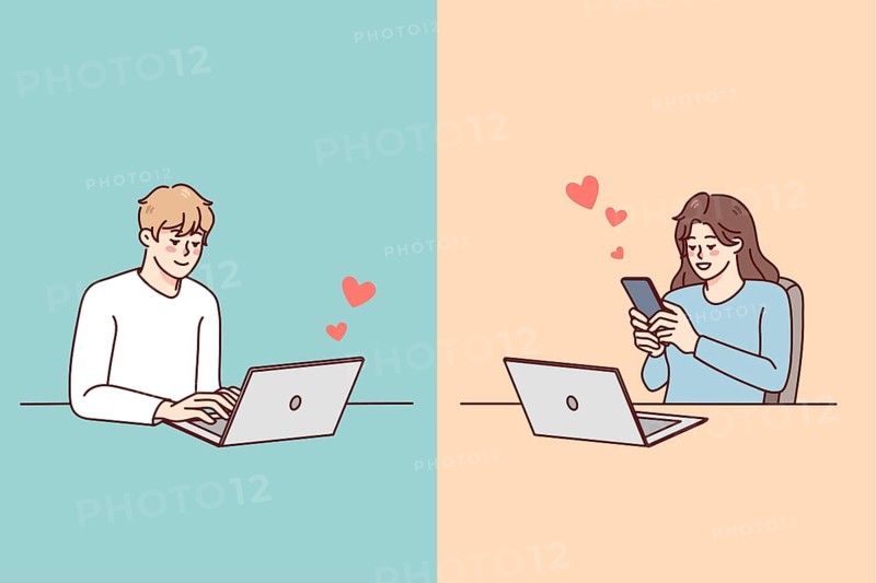 Couple texting online on gadget having relationship on distance. Man and woman message communicate on devices. Love and online dating concept. illustration