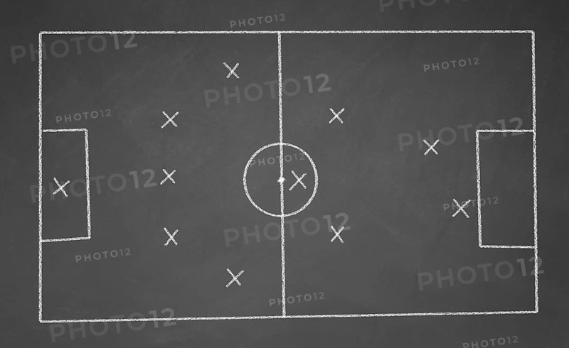Abstract football field drawn with chalk on blackboard. 5-3-2 scheme