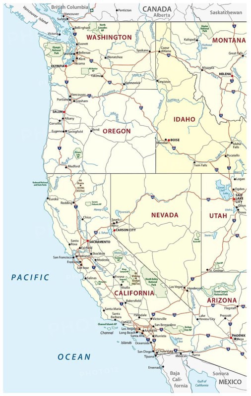 Roads, political and administrative map of the Western United States of America with National Parks