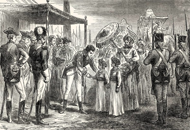Reception of the hostages of Tipu Sahib, Surrender of Two Sons of Tippoo Sultan, 1792, Third Anglo-Mysore War, From British Battles on Land and Sea, by James Grant